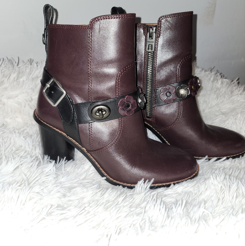 Coach 1941 Moto Floral Charm Oxblood Leather Women's Ankle Boots Booties Sz 5
